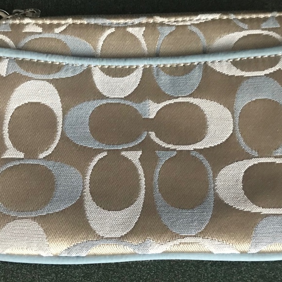 Coach Blue/Tan Canvas Leather Wristlet Mini Pouch - Picture 12 of 15